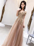 A Line Off the Shoulder Appliques Tulle Lace Up Pink Prom Dresses LBQ3519
